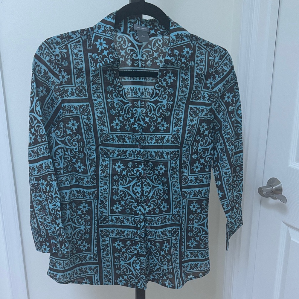 Ann Taylor Blue and Brown Floral Button Down Shirt - cotton